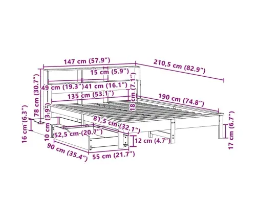 Lova Su Knygų Spinta Be Čiužinio, 135X190cm Pušies Masyvas