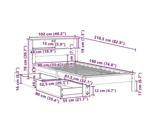 Riiuliga Voodiraam Ilma Madratsita, Valge, 90X190 cm Männipuit