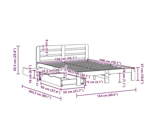 Gulta Bez Matrača, Balts, 150X200 Cm, Priedes Masīvkoks Vidaxl