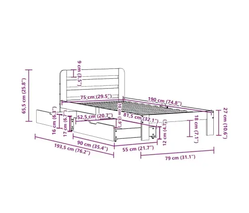 Lovos Rėmas Su Be Čiužinio, Ruda, 75X190cm Pušies Masyvas