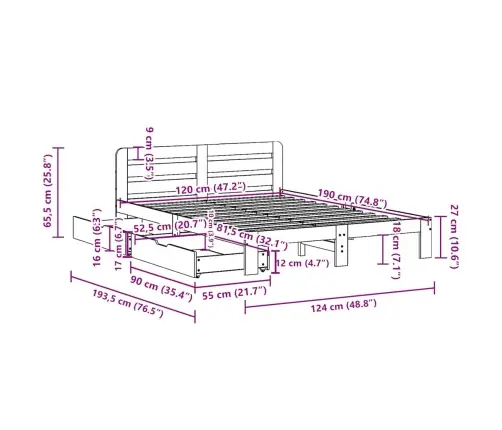 Voodiraam Ilma Madratsita, 120 X 190 cm Männipuit