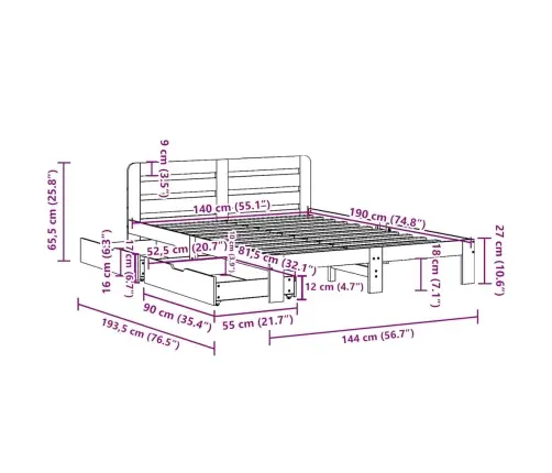 Gulta Bez Matrača, Balts, 140X190 Cm, Priedes Masīvkoks Vidaxl