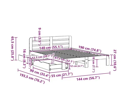 Voodiraam Ilma Madratsita, Vahapruun, 140 X 190 cm Männipuit