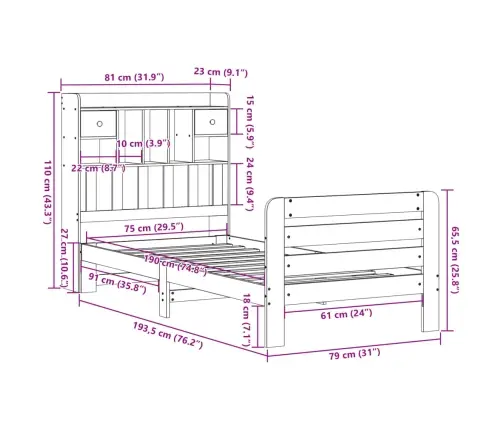 Gulta Ar Grāmatu Plauktu, Bez Matrača, 75X190 Cm, Priede Vidaxl