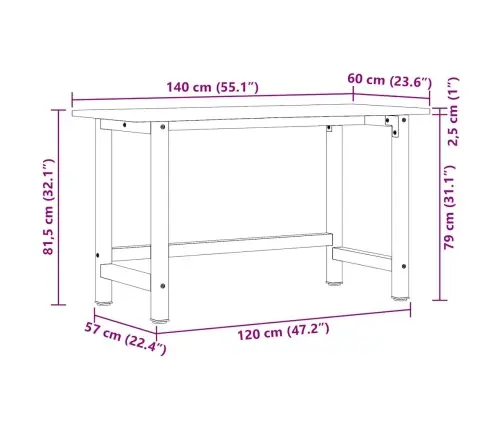 Darbagalds, Brūns, 140X60X81,5 Cm, Ozola Masīvkoks Vidaxl