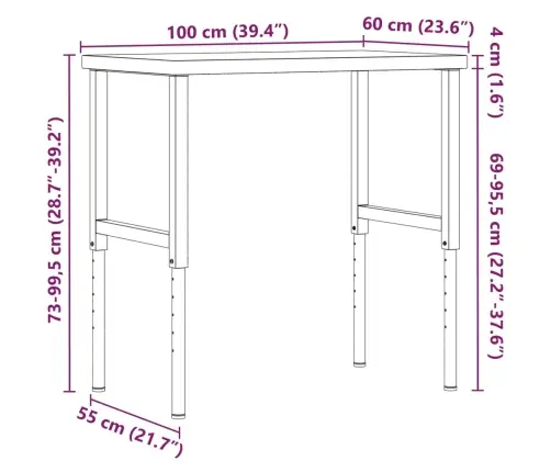 Darbagalds, 100X60X(73-99,5) Cm, Ozola Masīvkoks, Taisnstūra Vidaxl