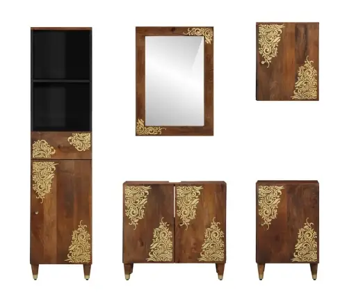 5 Gabalu Vannas Istabas Mēbeļu Komplekts No Cieta Raupja Mango Koka Vidaxl