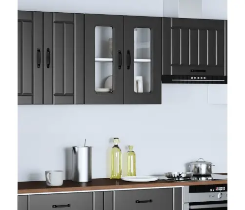 Virtuvės Sieninė Spintelė Su Stiklinėmis Durimis, Kalmar, Juoda