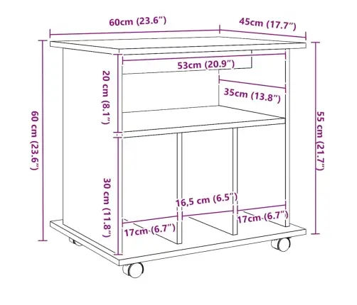 Plaukts Ar Riteņiem, Koka Krāsa, 60X45X60 Cm, Inženierijas Koks Vidaxl