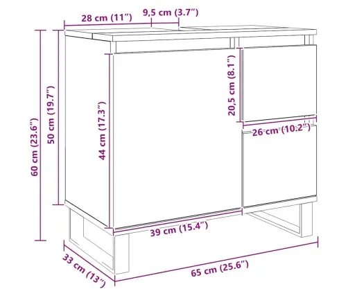Vannitoa Valamukapp, Käsitöötamm, 65 X 33 X 60 cm Tehispuit