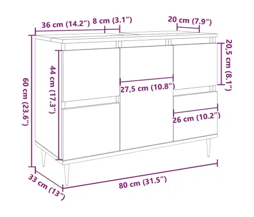 Vonios Kambario Spintelė, Betono Pilka, 80X33X60cm Mediena