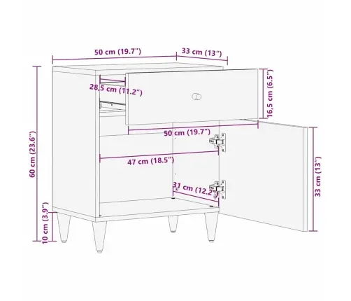 Naktsgaldiņš Ar Atvilktni Bēša 50 X 33 X 60 Cm Mango Masīvkoks Vidaxl