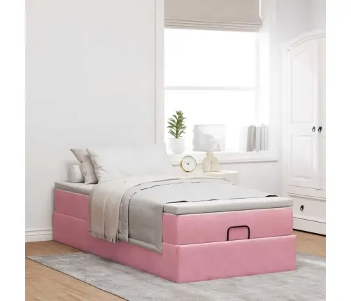 Osmanų Lovos Rėmas Su Čiužiniu, Rožinis, 90X200cm Aksomas