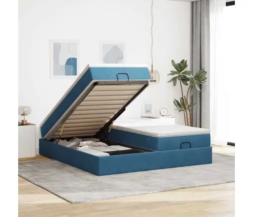 Osmanų Lovos Rėmas Su Čiužiniais, Mėlynas, 160X200cm Aksomas