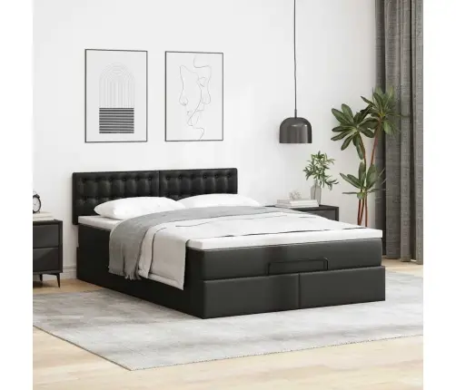 Ottomani Voodiraam Madratsiga, Must, 140X200cm Kunstnahk