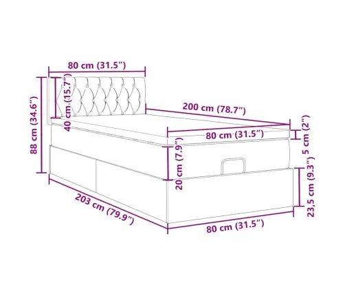 Ottomani Voodiraam Madratsiga, Helehall, 80X200 cm Samet