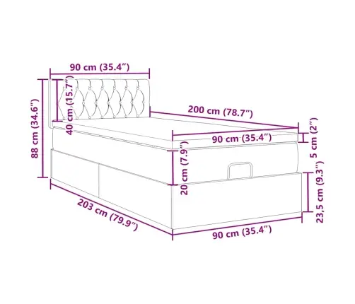 Ottomani Voodiraam Madratsiga, Must, 90X200cm Samet