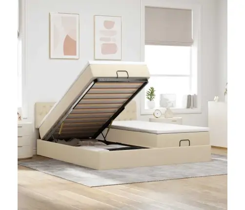 Osmaņu Gultas Rāmis Ar Matračiem Krēmkrāsas 200X200Cm Audums Vidaxl