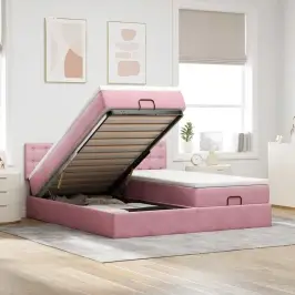 Osmaņu Gultas Rāmis Ar Matračiem Rozā 200X200Cm Audums Vidaxl