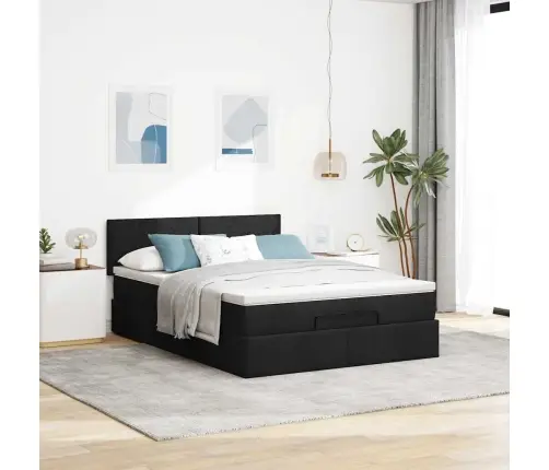 Ottomani Voodi Madratsita Ja Led, Must, 140X190 cm Kangas