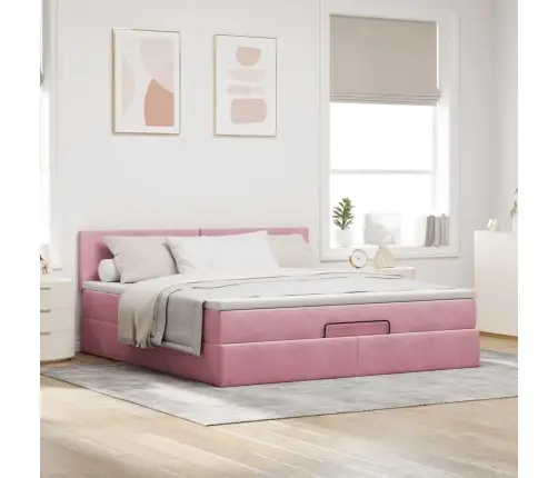 Ottomani Voodi Madratsi Ja Led-Lampidega Roosa 160X200Cm Samet