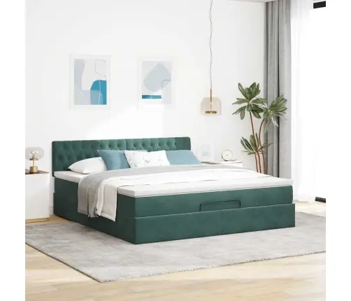 Osmaņu Gultas Rāmis Ar Matraci&Led Tumši Zaļš 160X200Cm Samts Vidaxl