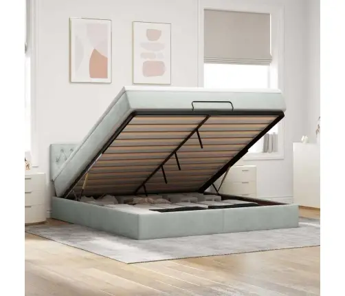 Ottomani Voodi Madratsiga Ja Led, Helehall, 180X200cm Samet