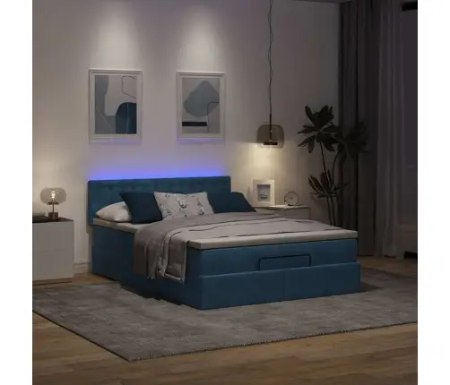 Osmanų Lova Su Čiužiniu Ir Led Tamsiai Mėlyna 140X190Cm Velvet