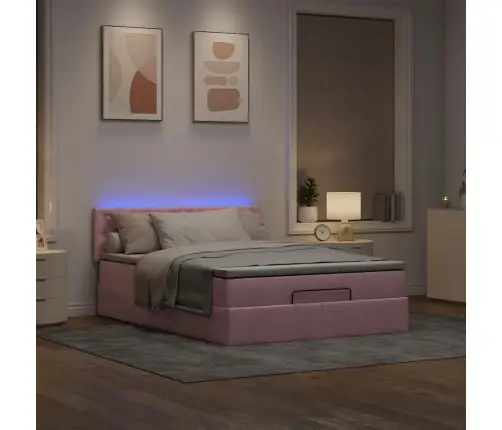 Osmaņu Gulta Ar Matraci & Leds, Rozā, 140X190Cm, Samts Vidaxl