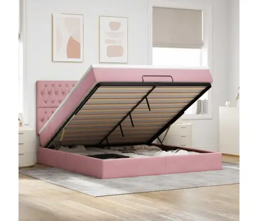 Osmanų Lovos Rėmas Su Čiužiniais, Rožinis, 180X200cm Aksomas