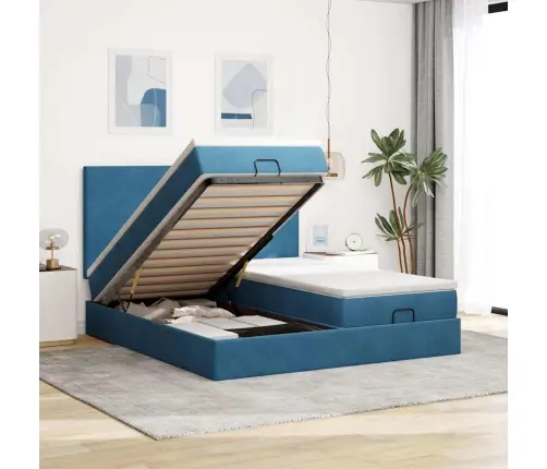 Ottomani Voodiraam Madratsitega, Tumesinine, 180X200 cm Samet