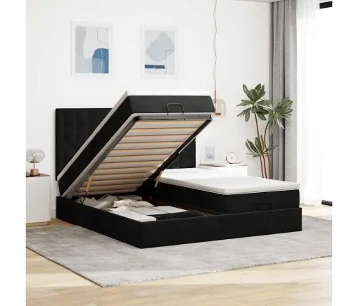 Ottomani Voodiraam Madratsitega, Must, 160X200 cm Samet