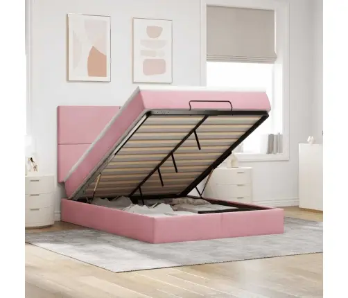 Osmanų Lova Su Čiužiniais Ir Led Rožinė 140X190Cm Velvet