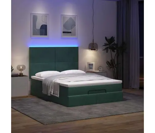 Osmaņu Gulta Ar Matračiem & Leds, Tumši Zaļš, 140X200Cm, Samts Vidaxl