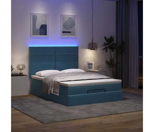 Osmaņu Gulta Ar Matračiem & Leds, Tumši Zils, 140X190Cm, Samts Vidaxl