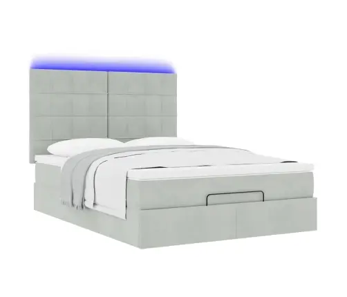 Ottomani Voodi Madratsitega Ja Led, Helehall, 140X200 cm Samet