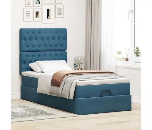 Osmanų Lovos Rėmas Su Čiužiniais, Mėlynas, 90X200cm Aksomas