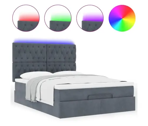 Ottomani Voodi Madratsitega Ja Led, Tumehall, 140X190cm Samet