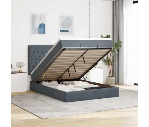 Ottomani Voodi Madratsitega Ja Led, Tumehall, 140X190cm Samet