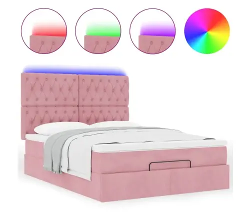 Ottomani Voodi Madratsitega Ja Led, Roosa, 140X190cm Samet