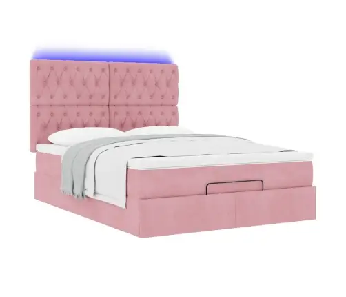 Ottomani Voodi Madratsitega Ja Led, Roosa, 140X190cm Samet