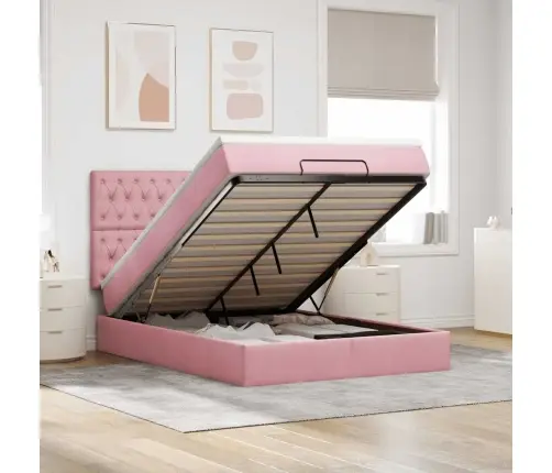 Ottomani Voodi Madratsitega Ja Led, Roosa, 140X190cm Samet