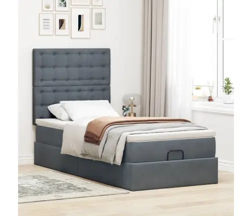 Osmanų Lovos Rėmas Su Čiužiniais, Pilkas, 90X200cm Aksomas