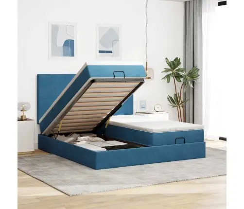 Osmanų Lovos Rėmas Su Čiužiniais, Mėlynas, 200X200cm Aksomas