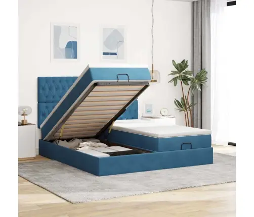 Osmanų Lovos Rėmas Su Čiužiniais, Mėlynas, 160X200cm Aksomas