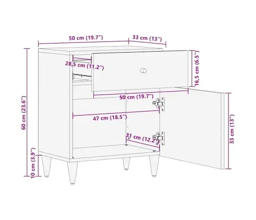 Naktsskapītis, 50X33X60 Cm, Mango Masīvkoks Vidaxl