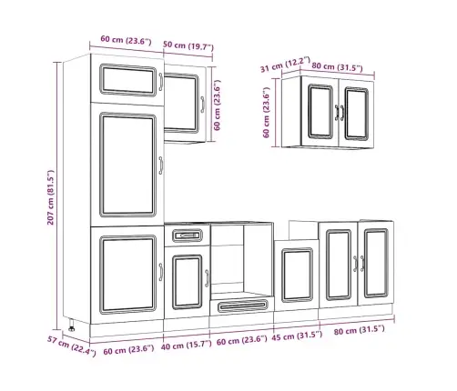 7-Osaline Köögikapi Komplekt Kalmar, Käsitöötamm, Tehispuit