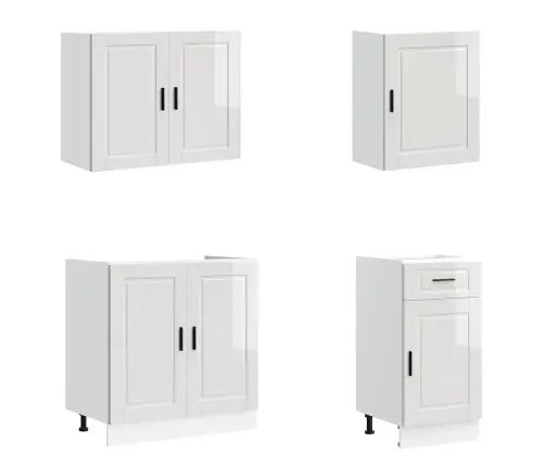 7-Osaline Köögikappide Komplekt "Porto", Kõrgläikega Valge, Töödeldud Puit