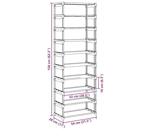 Apavu Plaukts 10 Līmeņu, Pelēks, 54X28X158 Cm, Neausts Audums Vidaxl