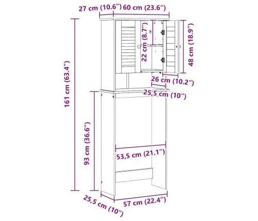 Tualetes Skapītis Vigo Balta 60 X 27 X 161 Cm Priedes Masīvkoks Vidaxl